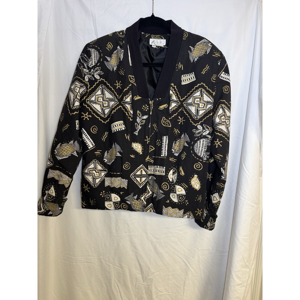 Vintage 1980s Hale Y Black Gold Folk Art Print Cotton Jacket Made In USA  Sz M